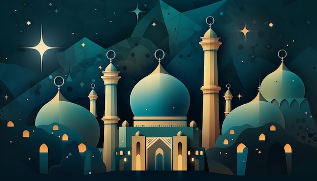 Illustration d'une étoile de mosquée et d'une salutation Eid Mubarak représentant la célébration de la foi pendant le Ramadan et l'Aïd générative ai