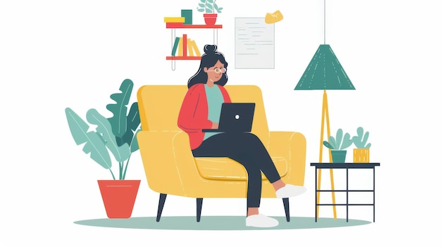 illustration Étudiant assistant à un cours en ligne avec un ordinateur portable dans un environnement domestique confortable