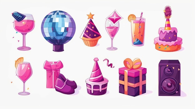 Une illustration d'un événement ou d'un équipement de célébration de vacances, d'une boîte à cadeaux, de boissons et d'un haut-parleur de musique isolés sur un fond de boule de disco