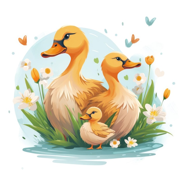Illustration d'une famille de canards maman papa et canard sur un fond blanc