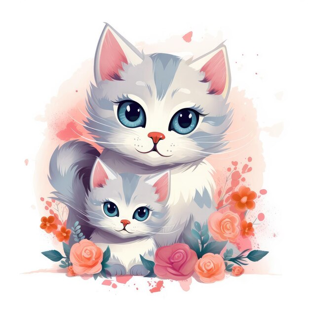 Illustration d'une famille de chats avec des fleurs sur un fond blanc