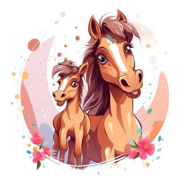 Illustration d'une famille de chevaux avec des fleurs sur un fond blanc