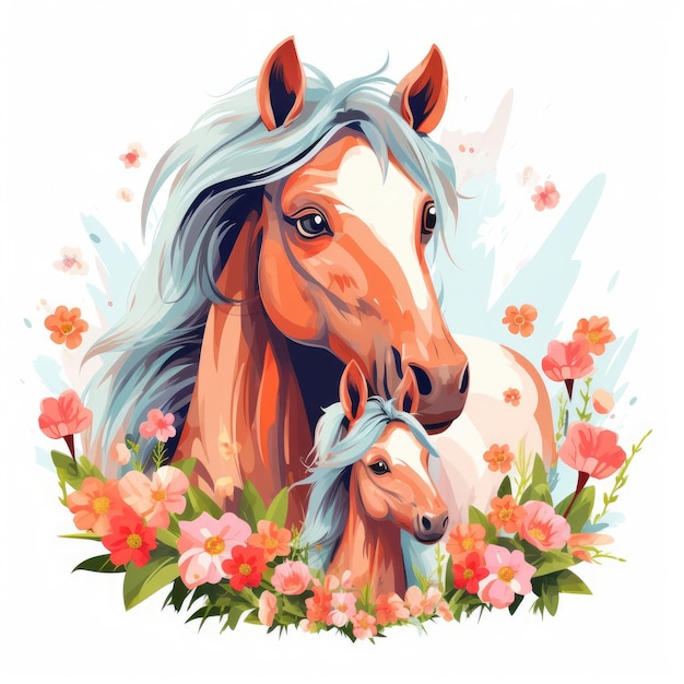 Illustration d'une famille de chevaux avec des fleurs sur un fond blanc