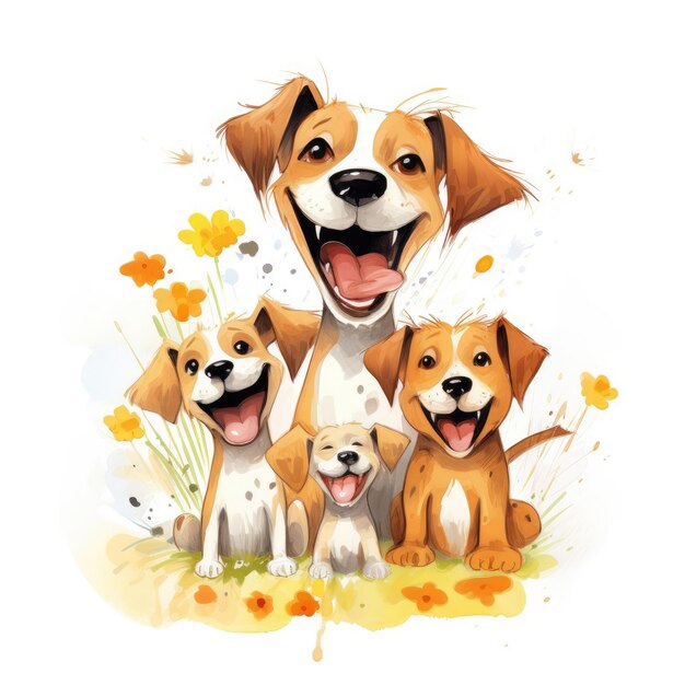 Illustration d'une famille de chiens avec des fleurs sur un fond blanc