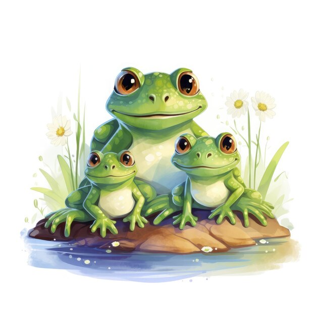 Illustration d'une famille de grenouilles sur un fond blanc