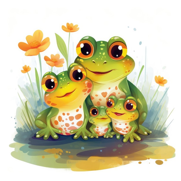 Photo illustration d'une famille de grenouilles sur un fond blanc