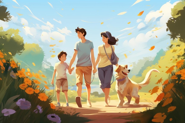 Illustration d'une famille heureuse en promenade d'été