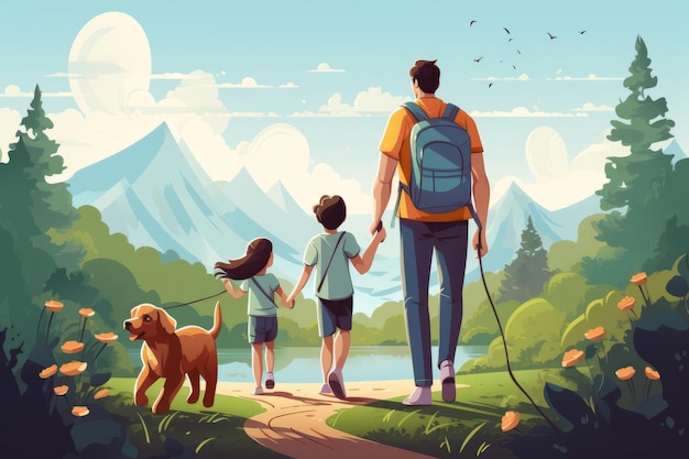 Illustration d'une famille heureuse en promenade d'été