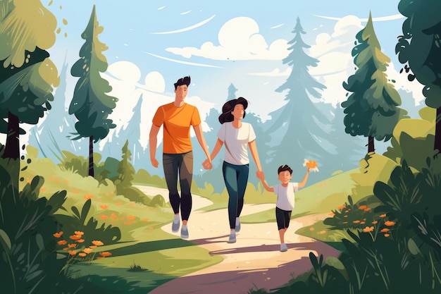 Illustration d'une famille heureuse en promenade d'été