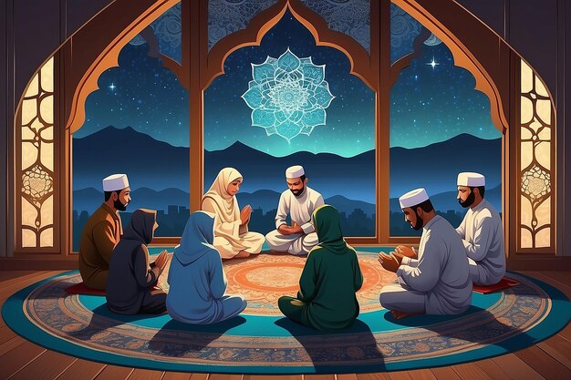 Photo illustration d'une famille musulmane priant avant le repas sur un tapis devant la fenêtre islamique du mandala la nuit