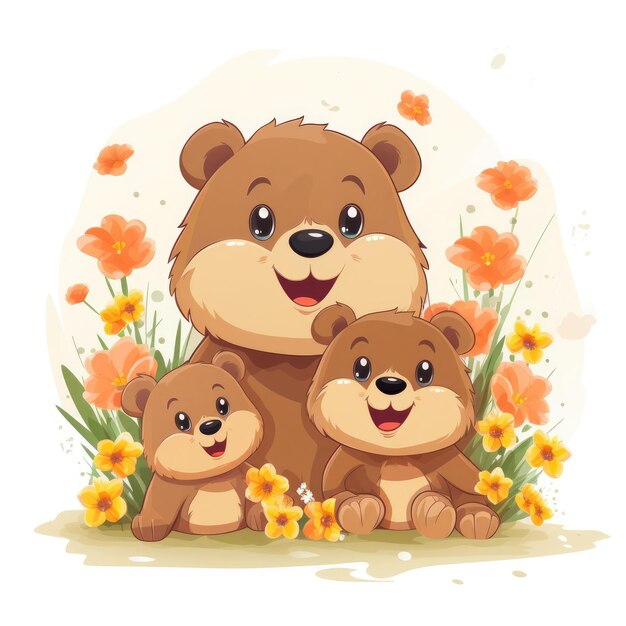 Illustration d'une famille d'ours avec des fleurs sur un fond blanc