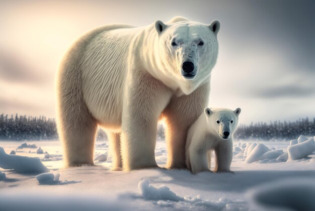 illustration d'une famille d'ours polaires mère et bébé dans la neige en hiver IA générative