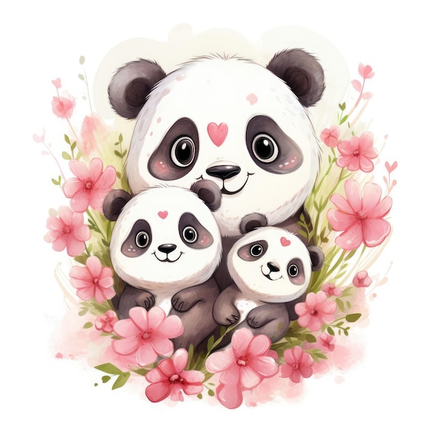 Illustration d'une famille de pandas mignons sur un fond blanc