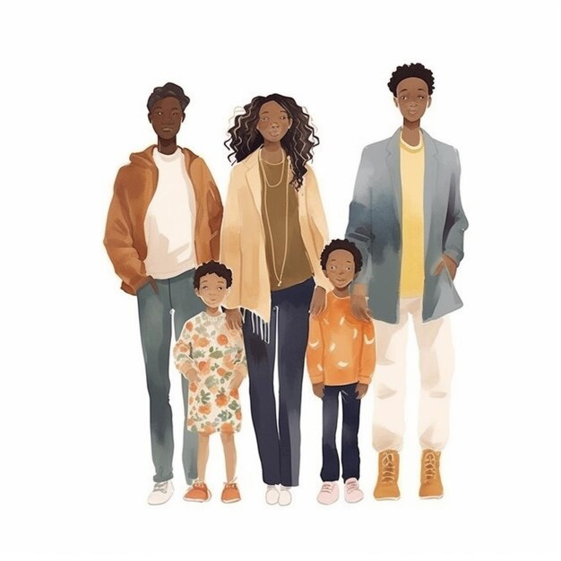 Illustration d'une famille de quatre personnes debout ensemble dans une ligne générative ai