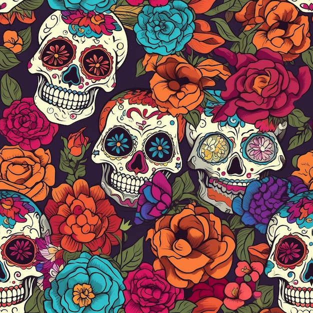 Illustration fantaisiste de Dia de los Muertos avec des crânes festifs, des œillets colorés et des motifs dynamiques