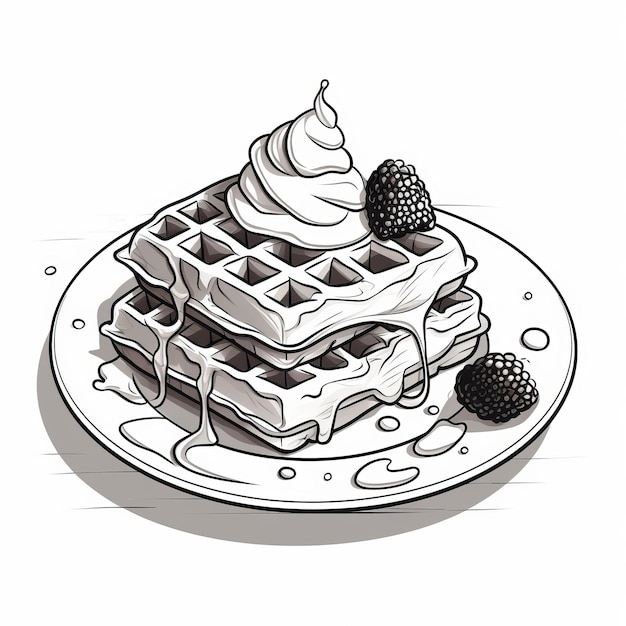 Illustration fantaisiste de gaufres avec des fraises à la crème fouettée et des noix de pécan