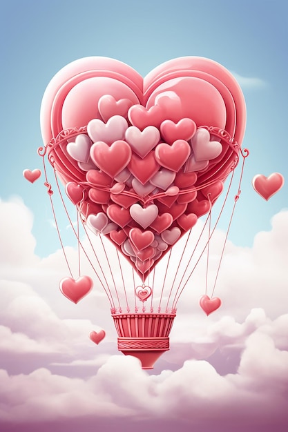 une illustration fantaisiste de la Saint-Valentin d'un ballon à air chaud s'élevant dans le ciel