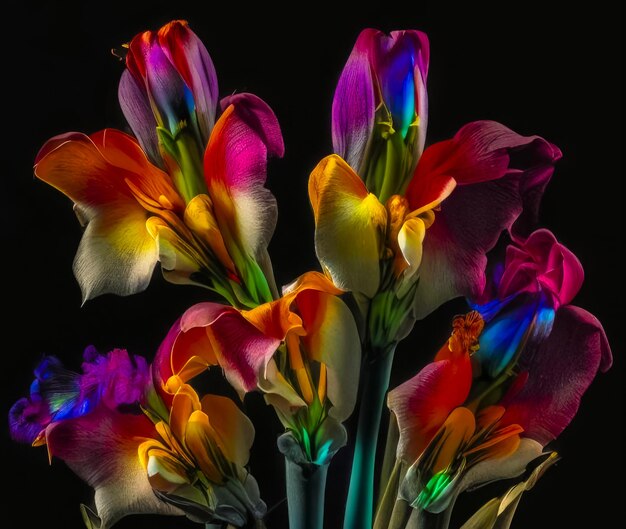 Illustration d'un fantastique bouquet de fleurs lumineux sur fond sombre