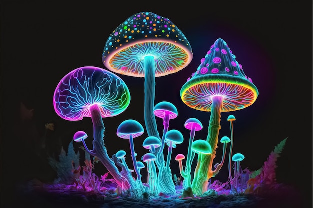 Illustration fantastique de champignons magiques brillants de couleur néon Fond psychédélique AI générative