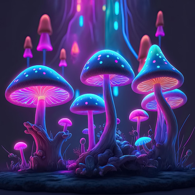 Illustration fantastique de champignons magiques brillants de couleur néon Fond psychédélique AI générative