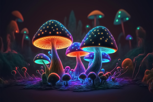 Illustration fantastique de champignons magiques brillants de couleur néon Fond psychédélique AI générative