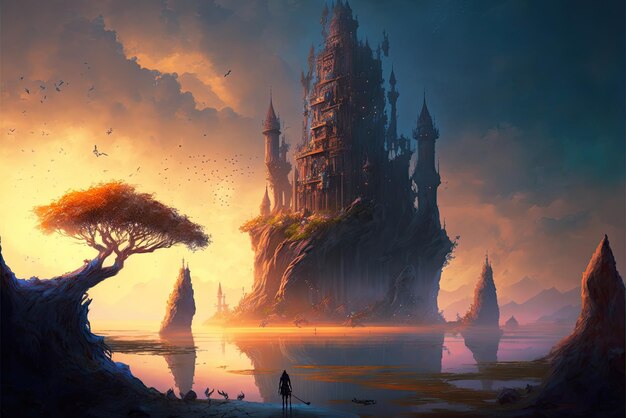 Une illustration fantastique épique mettant en vedette un château géant, un beau conte mystérieux et magique AI générative