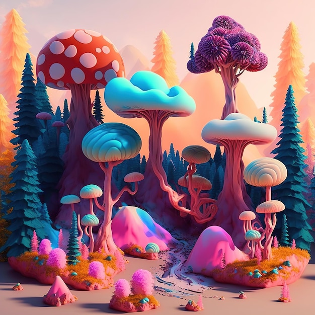 illustration fantastique d'une forêt de champignons Fluffy Generative AI