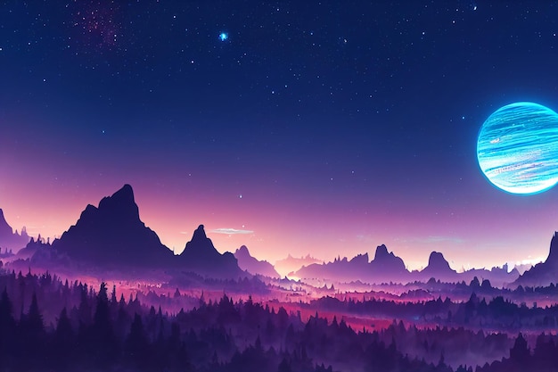 Illustration fantastique de la forêt de néons Un look coloré et brillant comme un conte de fées