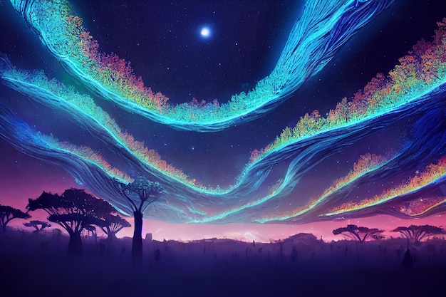 Illustration fantastique de la forêt de néons Un look coloré et brillant comme un conte de fées