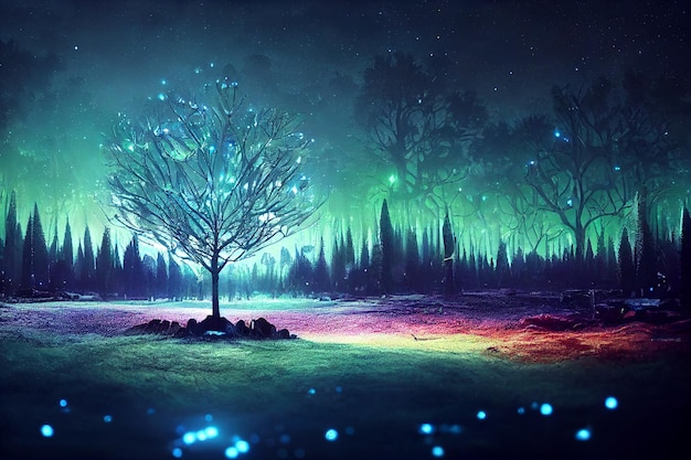 Illustration fantastique de la forêt de néons Un look coloré et brillant comme un conte de fées