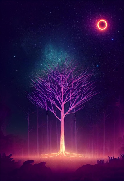 Illustration fantastique de la forêt de néons Un look coloré et brillant comme un conte de fées