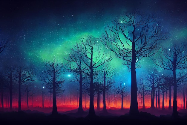 Illustration fantastique de la forêt de néons Un look coloré et brillant comme un conte de fées