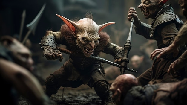 Illustration fantastique d'un goblin se battant dans une guerre mythologique