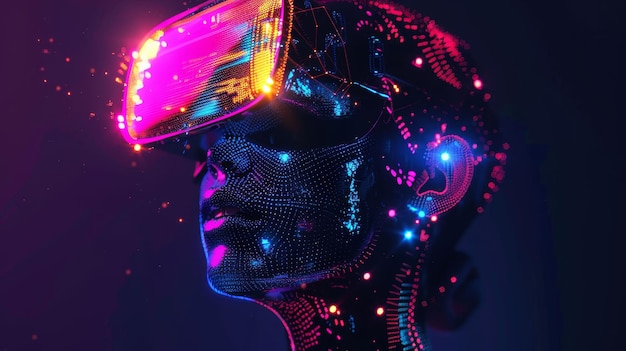 Illustration fantastique d'un portrait de cyborg, un personnage aux couleurs néons brillantes, des points dans un casque de réalité virtuelle sur un fond sombre