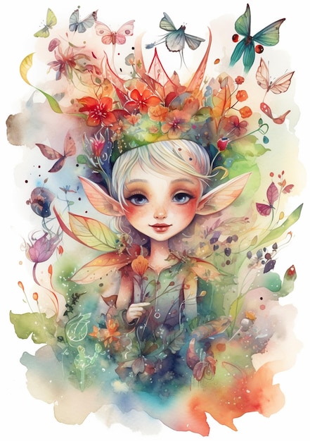 Illustration d'une fée avec une couronne de fleurs et des papillons générative ai