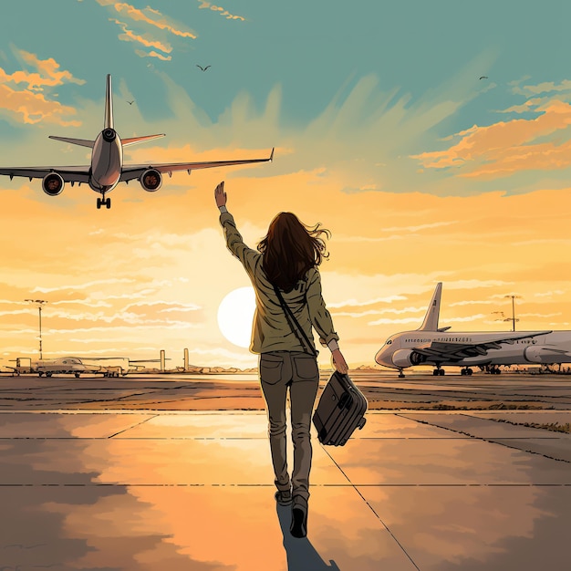 illustration d'une femme à l'aéroport marchant vers l'avion, Generative ai