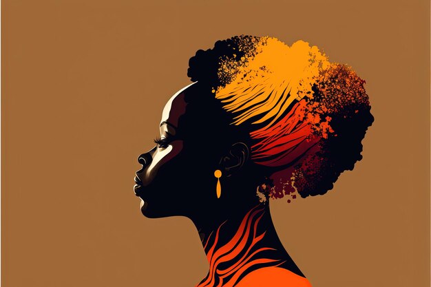 Illustration de femme africaine de profil, couleurs africaines, Mois de l'histoire des Noirs. IA générative