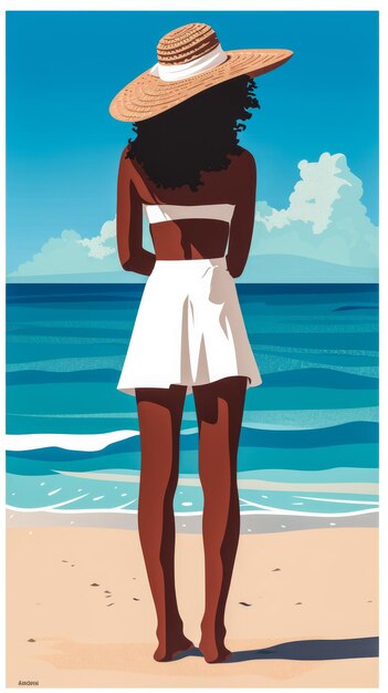 Illustration d'une femme afro-américaine sur la plage regardant l'horizon