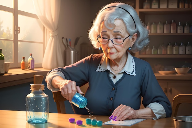 illustration d'une femme âgée versant des pilules d'une bouteille à portée de main