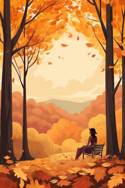 une illustration d'une femme assise sur un banc dans une forêt d'automne