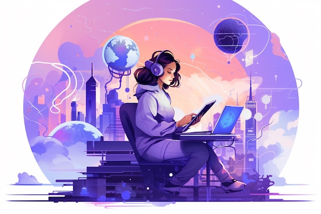 Illustration d'une femme assise à un bureau avec un ordinateur portable et un casque ai génératif