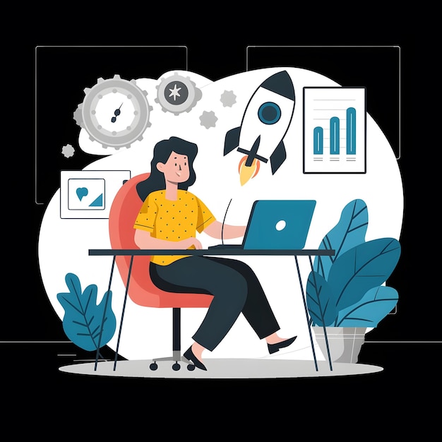 illustration d'une femme assise à un bureau avec un ordinateur portable et une fusée volant au-dessus d'elle