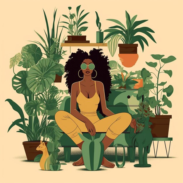 Photo illustration d'une femme assise sur un canapé entourée de plantes générative ai