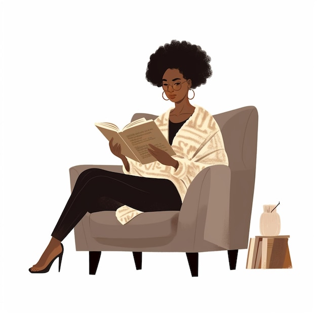 illustration d'une femme assise dans une chaise lisant un livre génératif ai