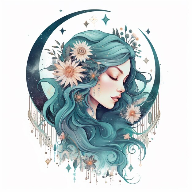 Illustration d'une femme aux cheveux bleus et aux fleurs dans les cheveux