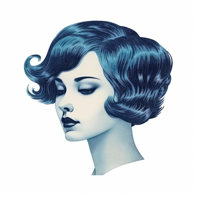 Illustration d'une femme aux cheveux bleus dans le style d'une affiche vintage
