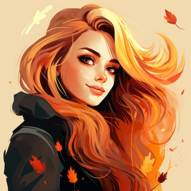 une illustration d'une femme aux cheveux longs et aux feuilles d'automne