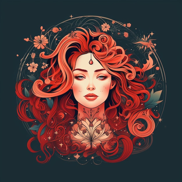 illustration d'une femme aux cheveux roux et des fleurs dans ses cheveux générative ai
