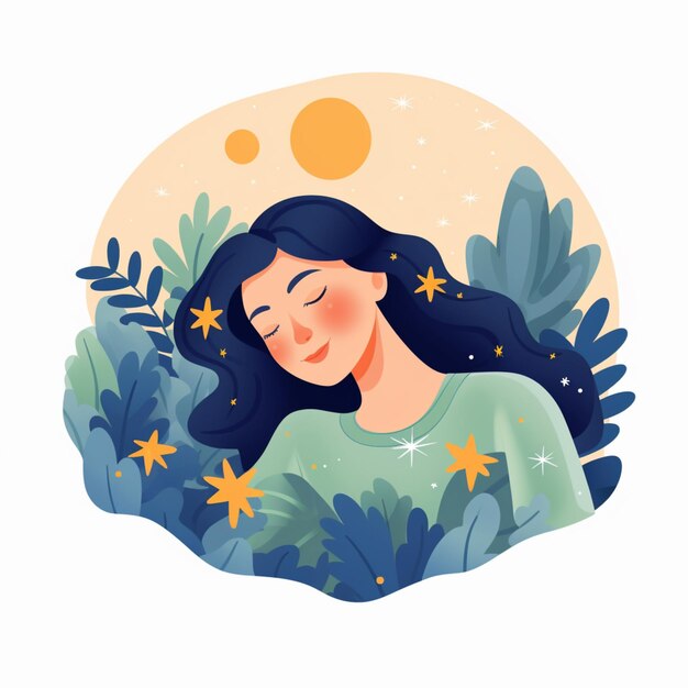 illustration d'une femme aux yeux fermés entourée de plantes et d'étoiles