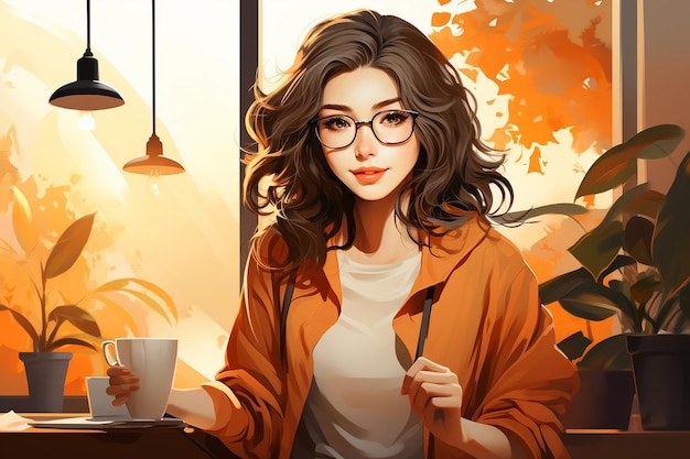 illustration d'une femme avec un café au bureau